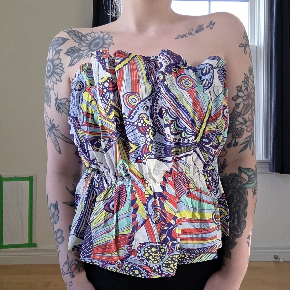 Anthropologie Multi-Color Abstract Print Strapless Peplum Top - Picture 3 of 10